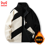 貓人（MiiOW）羊羔絨外套男女情侶款珊瑚絨夾克上衣三條杠加絨加厚御寒保暖外套 黑色 XL