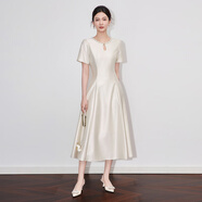 SATCHI南油輕禮服輕奢重工釘珠連衣裙收腰顯瘦長(cháng)裙千金名媛宴會(huì ) 杏色 S