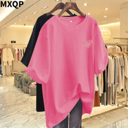 MXQP純棉短袖t恤女中長(cháng)款2025夏季新款遮臀簡(jiǎn)約百搭寬松半袖衣服女裝 玫紅色【左肩字母涂鴉愛(ài)心】 XL 【130-145斤】