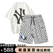 MR-90官方潮牌短袖套裝男女夏季休閑寬松純棉重磅T恤短褲一套兩件套潮 白色短袖+白色短褲（NE02） L（建議130-150斤）