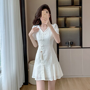 蘭婉坊2025新款夏裝名媛風(fēng)淑女蕾絲連衣裙女短袖新中式國(guó)風(fēng)盤扣a字裙子 乳白色 均碼 s (建議95斤以下)