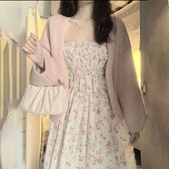 素優(yōu)米（SUYOUMI）兩件套裝韓版時(shí)尚小清新吊帶碎花連衣裙子女學(xué)生+慵懶風(fēng)針織外套 【套裝】碎花吊帶裙+粉色開(kāi)衫 M