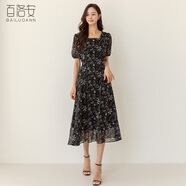 百洛安法式方領(lǐng)碎花短袖連衣裙女夏季時尚優(yōu)雅遮肉顯瘦中長款裙子 黑色 S