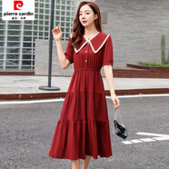皮爾卡丹短袖連衣裙女2025新款春夏收腰顯瘦法式蕾絲娃娃領(lǐng)雪紡長(cháng)裙子 酒紅色  XL 建議120-135斤左右