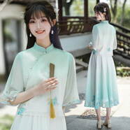 妖妮旗袍漢服女成人年輕日常2025新中式國風文藝少女繡花連衣裙兩件套 6520綠色上衣+綠色裙 L (建議體重95-105斤）