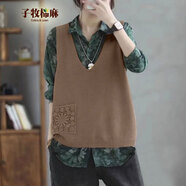子牧棉麻秋裝 女韓版背心外穿V領(lǐng)針織鏤空馬甲寬松純色坎夾上衣2312 卡其色 均碼（建議90-145斤）