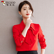 啄木鳥2025秋裝新款白色襯衫女長袖時尚蝴蝶結(jié)雪紡衫職業(yè)裝打底上衣襯衣 紅色 S (建議80-95斤)