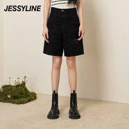 Jessy line杰茜萊黑色破洞直筒牛仔褲女春夏新款小個(gè)子五分褲 商場(chǎng)同款 黑色 XS/155