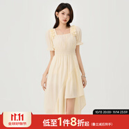快魚方領(lǐng)泡泡袖新品連衣裙2024新款女夏不規(guī)則設(shè)計(jì)感收腰顯瘦氣質(zhì)長(zhǎng)裙 杏色 M