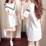 范哲狼夏裝露肩連衣裙女2025新款中長(cháng)款顯瘦短袖t恤裙連衣裙休閑A字裙女 白色 【螺紋織帶款】 S 建議體重80-95斤穿