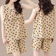 夏季防凸點(diǎn)荷葉邊睡衣女棉綢套裝寬松大碼無(wú)袖短褲家居服裝兩件套 【遮胸款】009-4-蝴蝶結 4XL 建議140-160斤