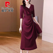 皮爾卡丹喜婆婆婚宴裝年輕高貴喜服醋酸緞面連衣裙女結(jié)婚媽m禮服2025新款 NRJ9560 葡萄紫 五分袖 M