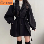 NJTD黑色收腰毛呢外套女小個子短款2024春秋感加厚小香風(fēng)呢子大衣 黑色 M