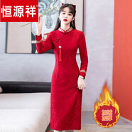 恒源祥冬季加絨加厚改良旗袍年輕少女款修身顯瘦連衣裙大碼紅色回門禮服 紅色 L