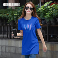 圣羅地奧長(cháng)款t恤女遮臀短袖中長(cháng)款t恤夏季正肩顯瘦棉體恤衫休閑遮屁股上衣 藍色 羽毛 3XL 建議125-138斤