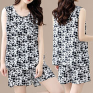 夏季防凸點(diǎn)荷葉邊睡衣女棉綢套裝寬松大碼無(wú)袖短褲家居服裝兩件套 【遮胸款】009-3-含羞草 4XL 建議140-160斤