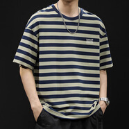 依男說(shuō)衣條紋短袖t恤男半袖寬松體恤衫重磅半截袖純色夏季圓領(lǐng)休閑大碼胖 藍(lán)綠色 XL 【145-160斤】