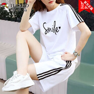 啄木鳥(niǎo)100%純棉休閑運動(dòng)服套裝女夏季新款大碼寬松學(xué)生短袖短褲兩 白色套裝微笑 L 建議95-110