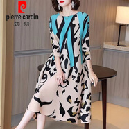 皮爾卡丹（pierre cardin）時(shí)尚印花褶皺連衣裙2025春夏新款洋氣小眾設(shè)計(jì)感寬松大碼裙子 杏色豹紋 3XL 建議145-160斤內(nèi)