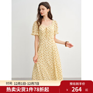 獨束大碼女裝法式蕾絲拼接碎花連衣裙2025夏裝優(yōu)雅修身中長(cháng)款裙子 柑橘黃 XL （尺碼：3）