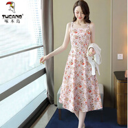 啄木鳥(niǎo)高端西|裝吊帶碎花連衣裙夏新款小清新時(shí)尚氣質(zhì)減齡兩件顯瘦裙子 粉花【單裙子】 M 建議【85-100斤】