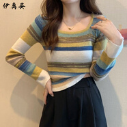 伊離姿彩虹條紋針織打底衫女秋冬內(nèi)搭配大衣修身顯瘦設(shè)計感長袖低領(lǐng)毛衣 黃色 M