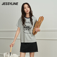 Jessy line杰茜萊灰色正肩短袖t恤女夏季新款顯瘦遮肉上衣潮 商場(chǎng)同款 灰色 S/160