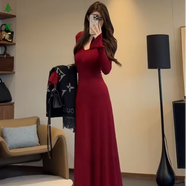 芭瑾圖法式長(cháng)袖磨毛加厚連衣裙子女秋冬內搭顯瘦過(guò)膝長(cháng)裙V領(lǐng)大擺裙包臀 酒紅色 S