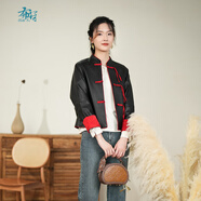 布符（Cloth Fu）布符秋季新款黑撞色拼接寬松外套短款小皮衣時尚百搭女裝 黑色 XL