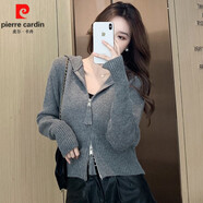 皮爾卡丹（pierre cardin）短款開衫女士毛衣外套秋裝2024新款百搭長袖針織衫小個子連帽上衣 灰色 L