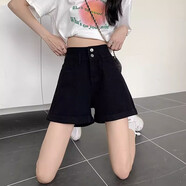 小紅書(shū)同款牛仔短褲女2025年夏季新款毛邊破洞高腰褲子顯瘦闊腿a 黑色(豎雙排扣) S 建議[8090斤]