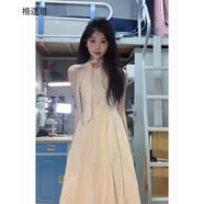 格邏恩（GELUOEN）法式初戀掛脖連衣裙女夏季仙女森系顯瘦長裙公主風沙灘無袖裙子女 杏色 均碼【可備注碼數】