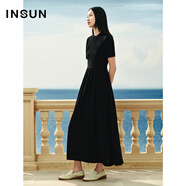 INSUN恩裳專(zhuān)選夏季休閑針梭拼收腰長(cháng)裙連衣裙 黑色 S