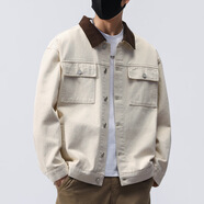 與狼共舞（DANCING WOLVES）棉牛仔外套男士秋季2025新款美式工裝上衣服休閑翻領(lǐng)夾衫 米杏色 L