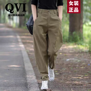 QVI高端品牌休閑褲女春秋新款薄款寬松復(fù)古百搭工裝褲松緊蘿卜哈倫褲 綠卡其 L(100-110斤)