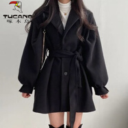 啄木鳥(niǎo)黑色收腰毛呢外套女小個(gè)子短款2024春秋感加厚小香風(fēng)呢子大衣 黑色 加厚 S