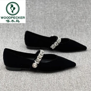 啄木鳥(niǎo)歐洲站女鞋2025春款真皮絲絨尖頭淺口低跟水鉆一字帶瑪麗珍單鞋女 黑色v西施絨克里布伴 38