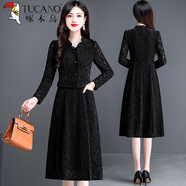 啄木鳥(niǎo)加絨連衣裙女2025新款氣質(zhì)名媛高端洋氣減齡顯瘦中長(cháng)款打底裙 黑色(不加絨) 2XL (125-135斤)
