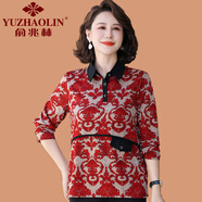 俞兆林（YUZHAOLIN）新款媽媽春秋裝洋氣翻領(lǐng)襯衫50歲中老年女春秋長(zhǎng)袖T恤打底衫上衣 紅色 XL (參考90-105斤)