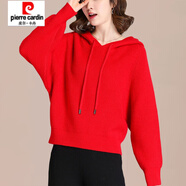 皮爾卡丹（pierre cardin）寬松慵懶風(fēng)毛衣女秋冬外穿蝙蝠袖上衣加厚短款連帽衛衣針織打底衫 紅色 S (建議95斤以?xún)却?