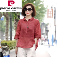 皮爾卡丹（pierre cardin）高檔苧麻五分袖襯衫女2025夏季薄款媽半袖高端天絲亞麻棉麻上衣 復古紅上衣 L