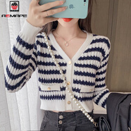 AEMAPE針織衫女2026春季新款法式小香風(fēng)黑白條紋撞色短款毛衣 藍色 M 【建議91-105斤】