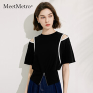 MeetMetro瑪依爾設(shè)計感露肩T恤女2025夏新款小眾開叉短袖純棉上衣 黑色 S