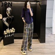 JPN運(yùn)動套裝女 輕奢潮牌夏季新款慵懶風(fēng)寬松短袖格子闊腿褲兩件套 藍(lán)色上衣+格子褲子 M