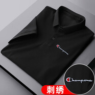 冠軍吉祥夏季男士短袖t恤翻領(lǐng)保羅polo.衫冰絲刺繡商務(wù)休閑上衣服潮牌體恤 黑色【冠軍】 XL 120-140斤