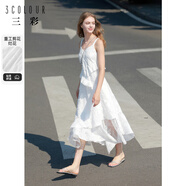 三彩2024秋季新款白月光蛋糕裙無袖連衣裙蕾絲拼接浪漫長裙女 云朵白 L 165/88A