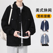 POUM男裝聯(lián)名牛仔外套男秋季新款港風(fēng)復(fù)古寬松休閑情侶工裝上衣服夾克 FRQP-8153黑色 XL