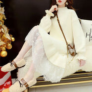 Lauaird300斤胖mm大碼中長(cháng)款蕾絲毛衣裙女秋冬寬松洋氣打底針織衫連衣裙 乳白色 XXS 五十斤內