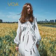 VOA30姆米重磅灰墨筆記V領(lǐng)釘珠裝飾燈籠長袖優(yōu)雅假兩件連衣裙 AE2655 灰墨筆記（E98） S