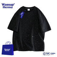 WASSUP HERMU短袖男女夏季滿(mǎn)天星半袖寬松休閑百搭圓領(lǐng)T恤休閑運動(dòng)學(xué)生上衣服 黑色 L（推薦120-140斤）